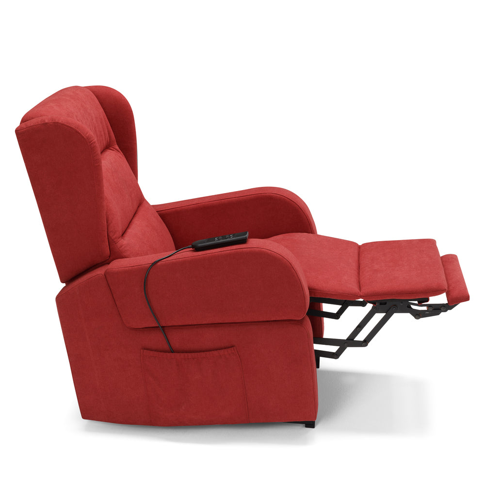 Poltrona relax elettrica Bilbao per anziani, 2 motori, 2 ruote, reclinazione e alzapersona, Kit Batteria, braccioli estrabili, doppia pediera, colore Rosso