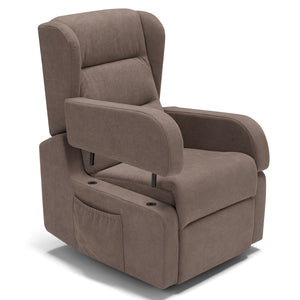Poltrona relax elettrica Bilbao per anziani, 2 motori, 2 ruote, reclinazione e alzapersona, Kit Batteria, braccioli estrabili, doppia pediera, colore Fango