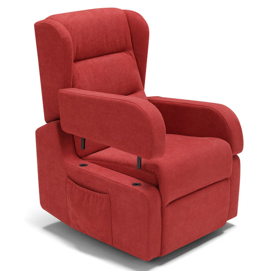 Poltrona relax elettrica Bilbao per anziani, 2 motori, 2 ruote, reclinazione e alzapersona, Tavolino di Servizio, braccioli estrabili, doppia pediera, colore Rosso