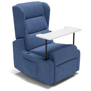 Poltrona relax elettrica Bilbao per anziani, 2 motori, 2 ruote, reclinazione e alzapersona, Tavolino di Servizio, braccioli estrabili, doppia pediera, colore Blu