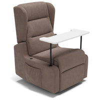 Poltrona relax elettrica Bilbao per anziani, 2 motori, 2 ruote, reclinazione e alzapersona, Kit Batteria e Tavolino di Servizio, braccioli estrabili, doppia pediera, colore Fango