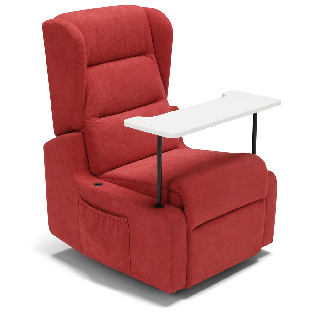 Poltrona relax elettrica Bilbao per anziani, 2 motori, 2 ruote, reclinazione e alzapersona, Kit Batteria e Tavolino di Servizio, braccioli estrabili, doppia pediera, colore Rosso