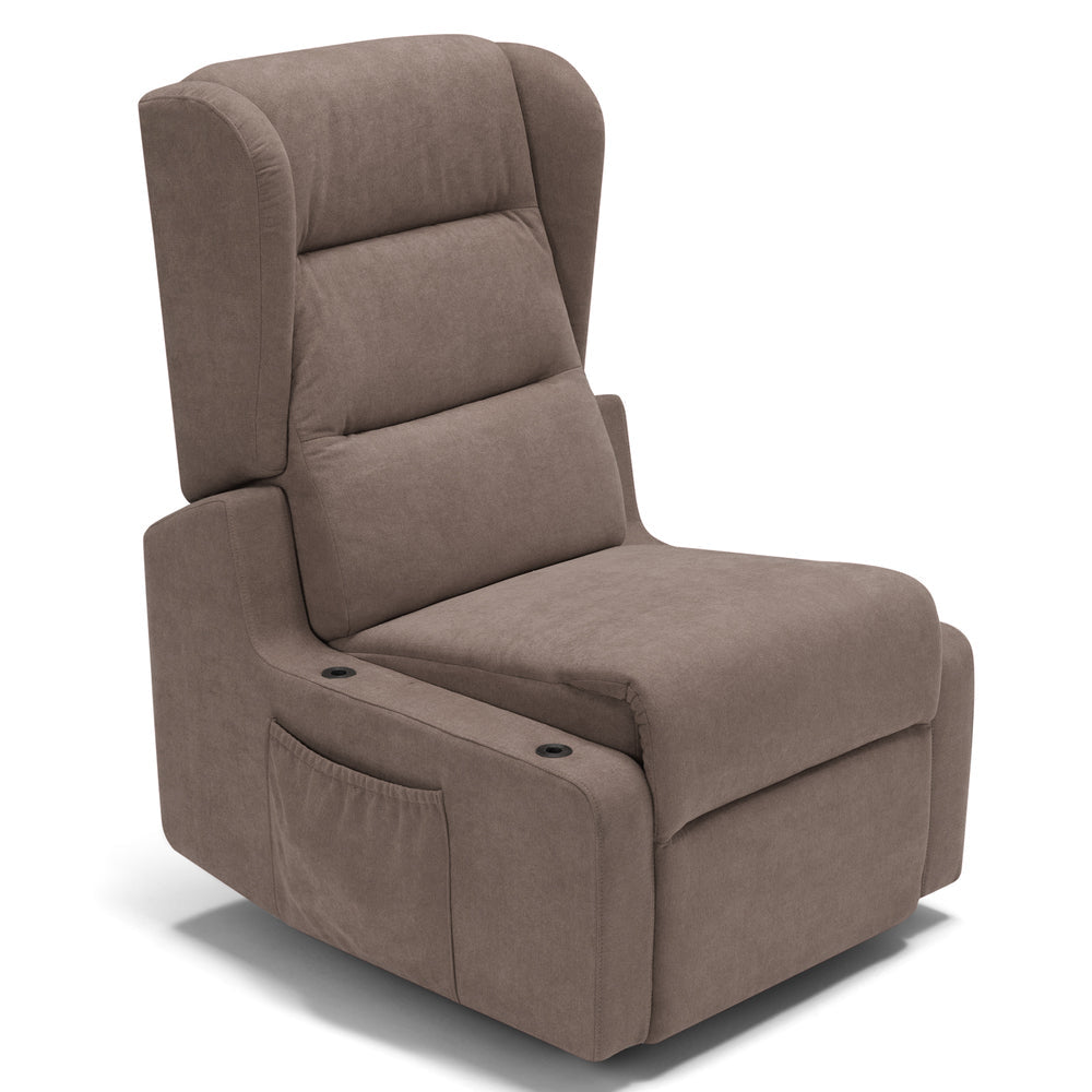 Poltrona relax elettrica Bilbao per anziani, 2 motori, 2 ruote, reclinazione e alzapersona, Kit Batteria e Tavolino di Servizio, braccioli estrabili, doppia pediera, colore Fango