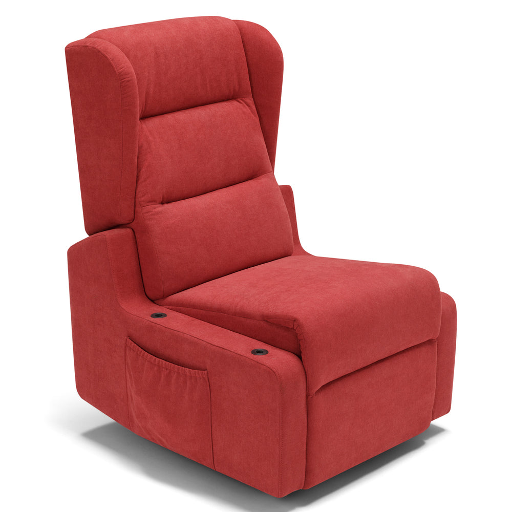 Poltrona relax elettrica Bilbao per anziani, 2 motori, 2 ruote, reclinazione e alzapersona, Kit Batteria e Tavolino di Servizio, braccioli estrabili, doppia pediera, colore Rosso