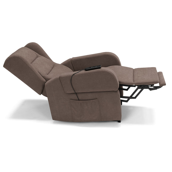 Poltrona relax elettrica Bilbao per anziani, 2 motori, 2 ruote, reclinazione e alzapersona, Kit Batteria, braccioli estrabili, doppia pediera, colore Fango