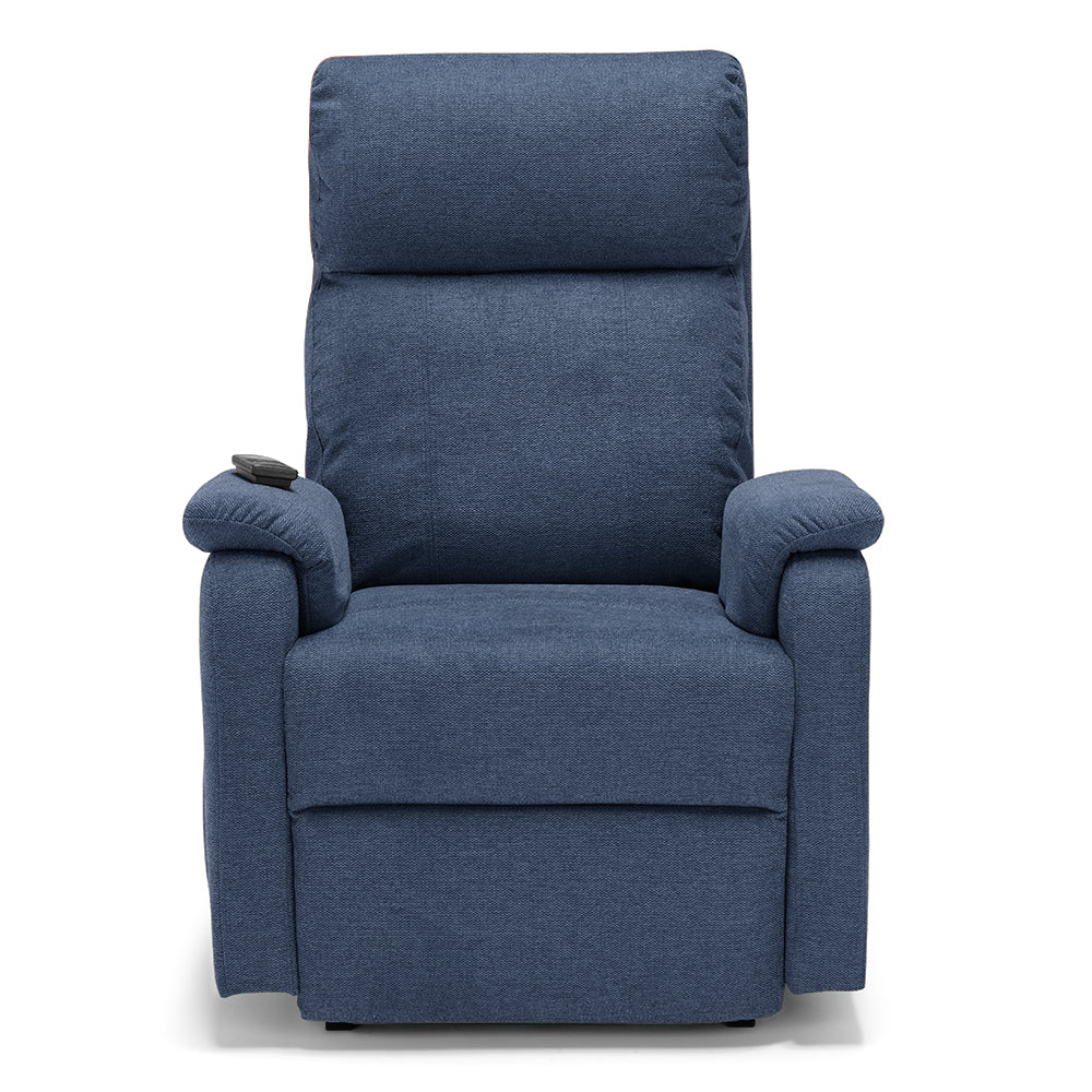 Poltrona relax elettrica Denver per anziani, 2 motori, 2 ruote, reclinazione e alzapersona, Kit batteria, sponde estraibili, doppia pediera estensibile, colore Blu