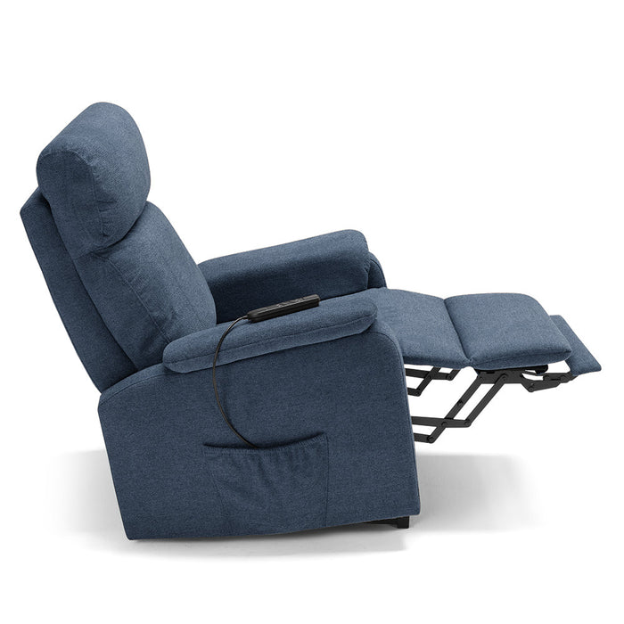 Poltrona relax elettrica Denver per anziani, 2 motori, 2 ruote, reclinazione e alzapersona, Kit batteria, sponde estraibili, doppia pediera estensibile, colore Blu