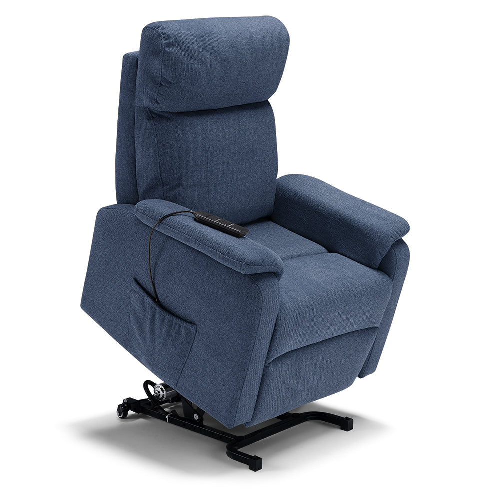 Poltrona relax elettrica Denver per anziani, 2 motori, 2 ruote, reclinazione e alzapersona, sponde estraibili, doppia pediera estensibile, colore Blu