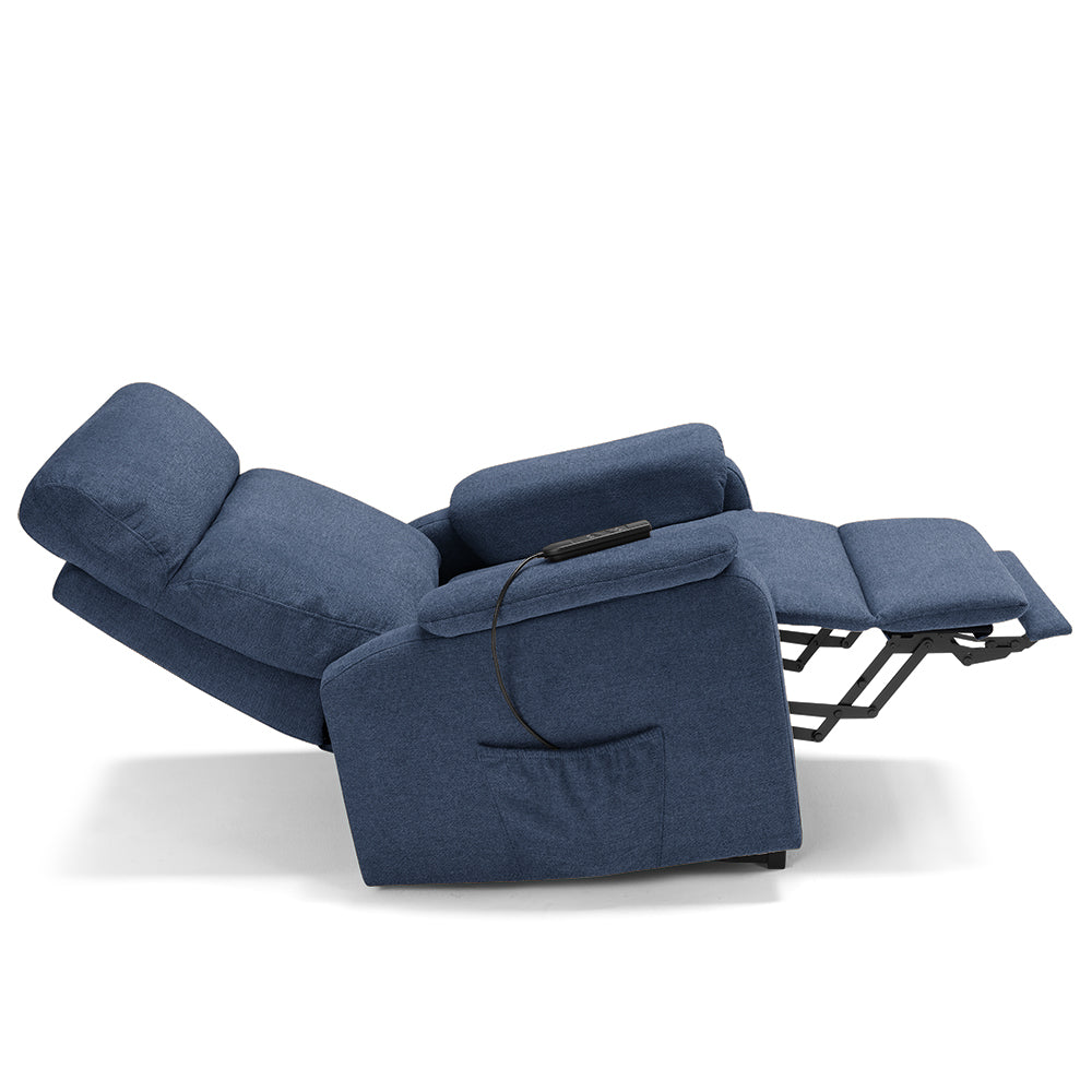 Poltrona relax elettrica Denver per anziani, 2 motori, 4 ruote, Kit Batteria, reclinazione e alzapersona, sponde estraibili, doppia pediera estensibile, colore Blu
