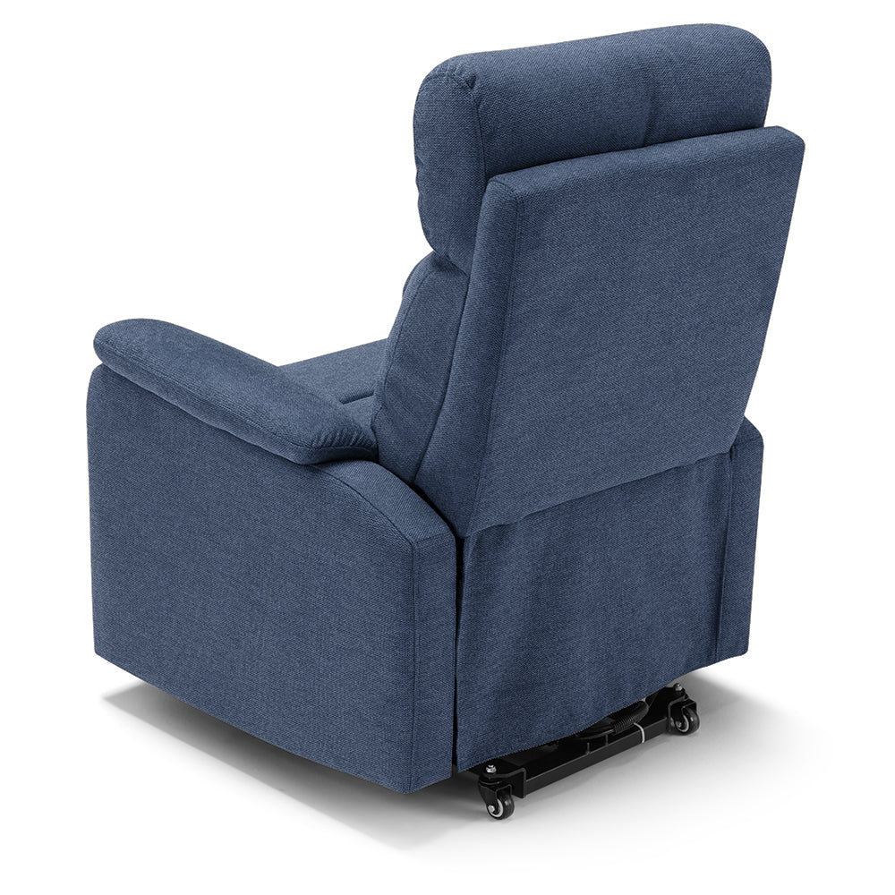 Poltrona relax elettrica Denver per anziani, 2 motori, 4 ruote, reclinazione e alzapersona, sponde estraibili, doppia pediera estensibile, colore Blu