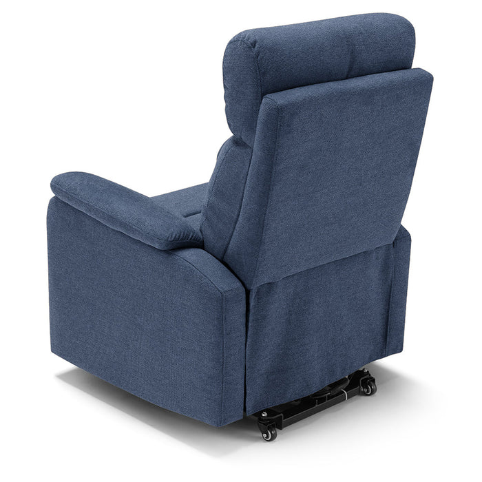 Poltrona relax elettrica Denver per anziani, 2 motori, 2 ruote, reclinazione e alzapersona, sponde estraibili, doppia pediera estensibile, colore Blu