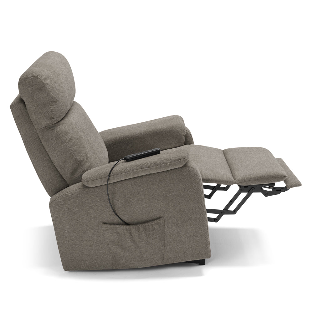 Poltrona relax elettrica Denver per anziani, 2 motori, 2 ruote, reclinazione e alzapersona, sponde estraibili, doppia pediera estensibile, colore Fango