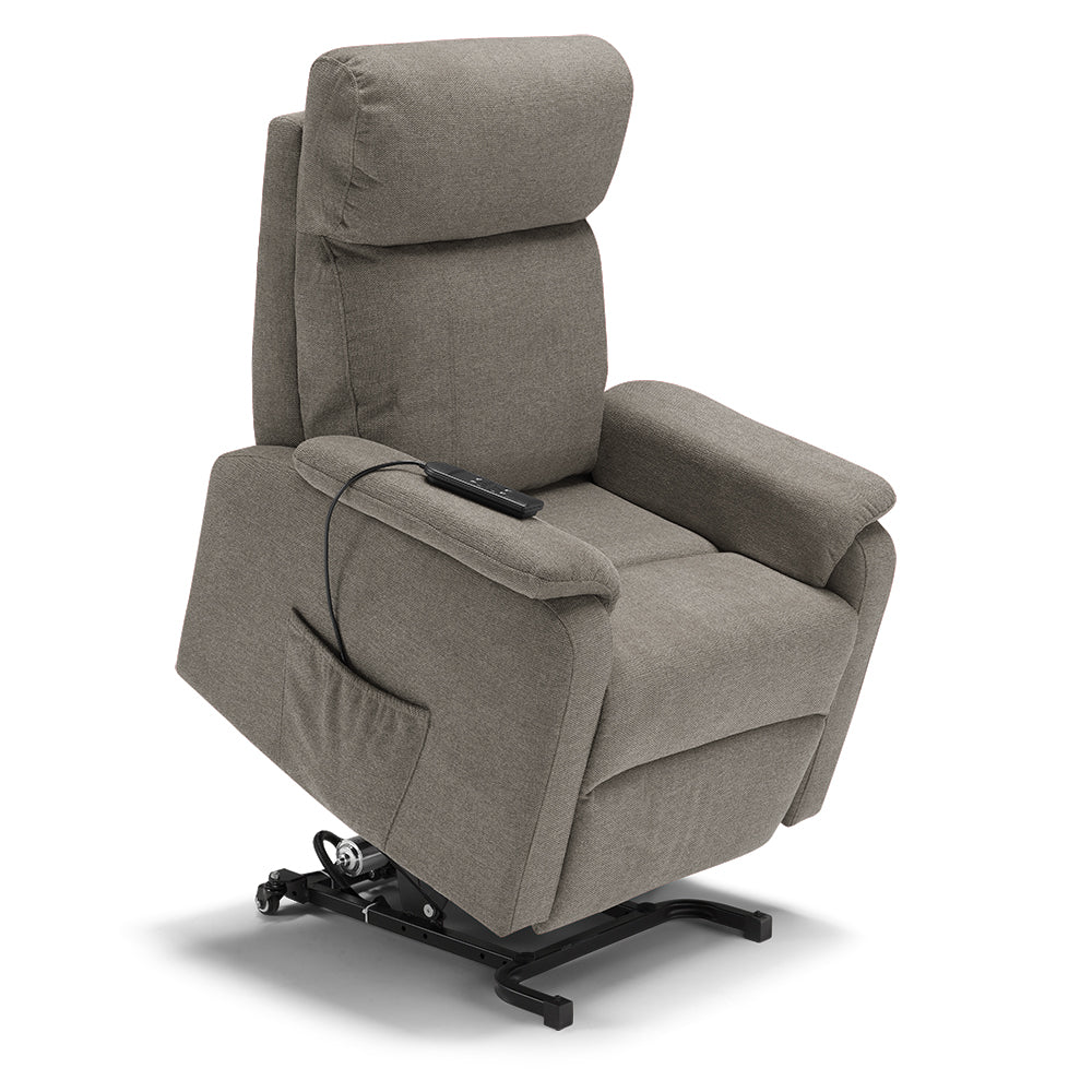Poltrona relax elettrica Denver per anziani, 2 motori, 2 ruote, reclinazione e alzapersona, sponde estraibili, doppia pediera estensibile, colore Fango