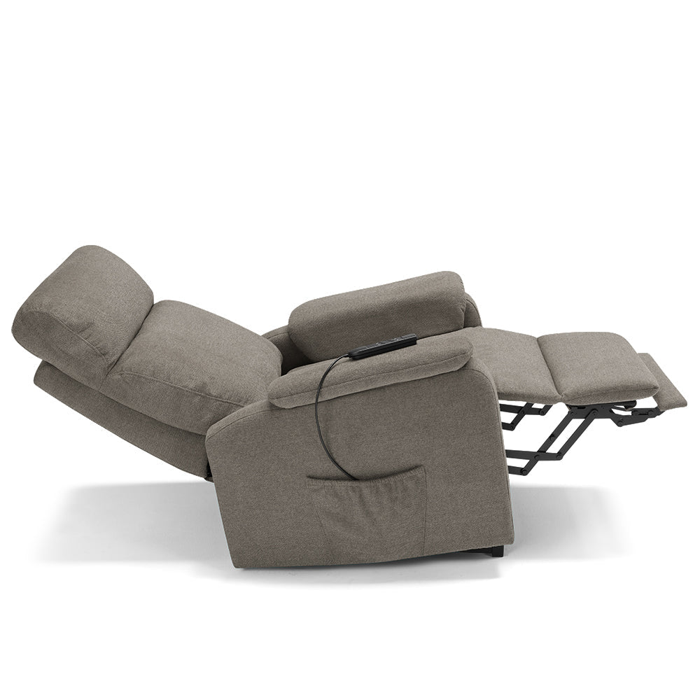 Poltrona relax elettrica Denver per anziani, 2 motori, 2 ruote, reclinazione e alzapersona, sponde estraibili, doppia pediera estensibile, colore Fango