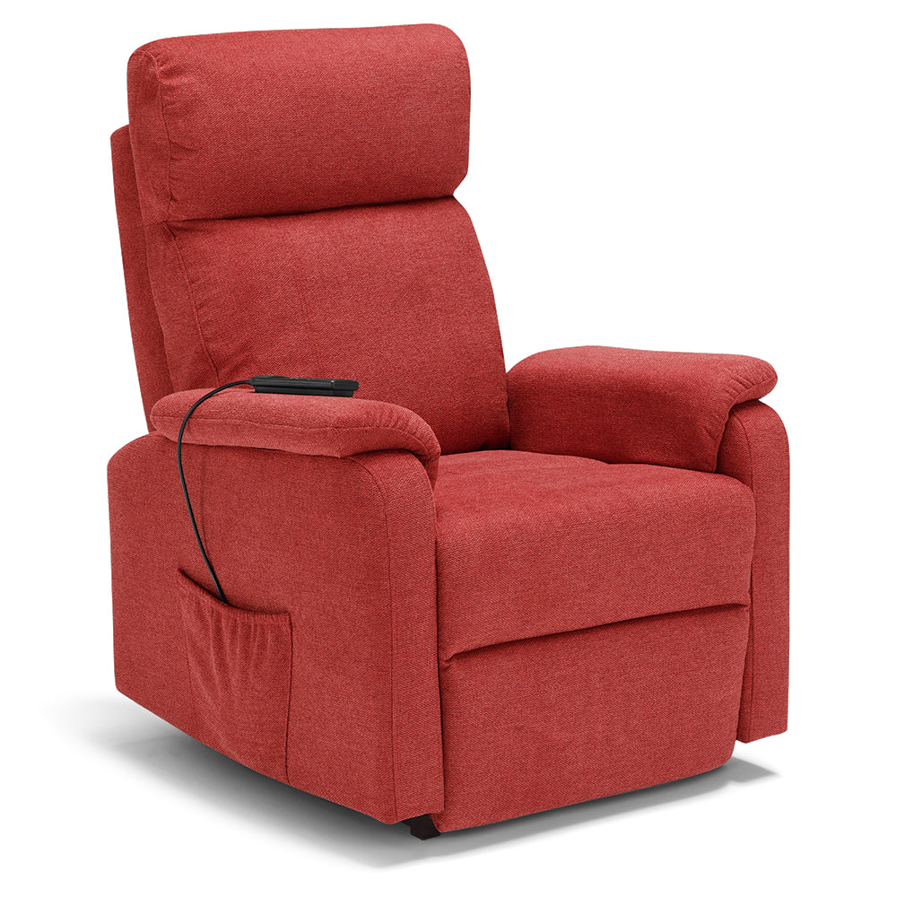 Poltrona relax elettrica Denver per anziani, 2 motori, 2 ruote, reclinazione e alzapersona, Kit batteria, sponde estraibili, doppia pediera estensibile, colore Rosso