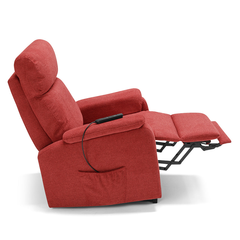Poltrona relax elettrica Denver per anziani, 2 motori, 2 ruote, reclinazione e alzapersona, Kit batteria, sponde estraibili, doppia pediera estensibile, colore Rosso