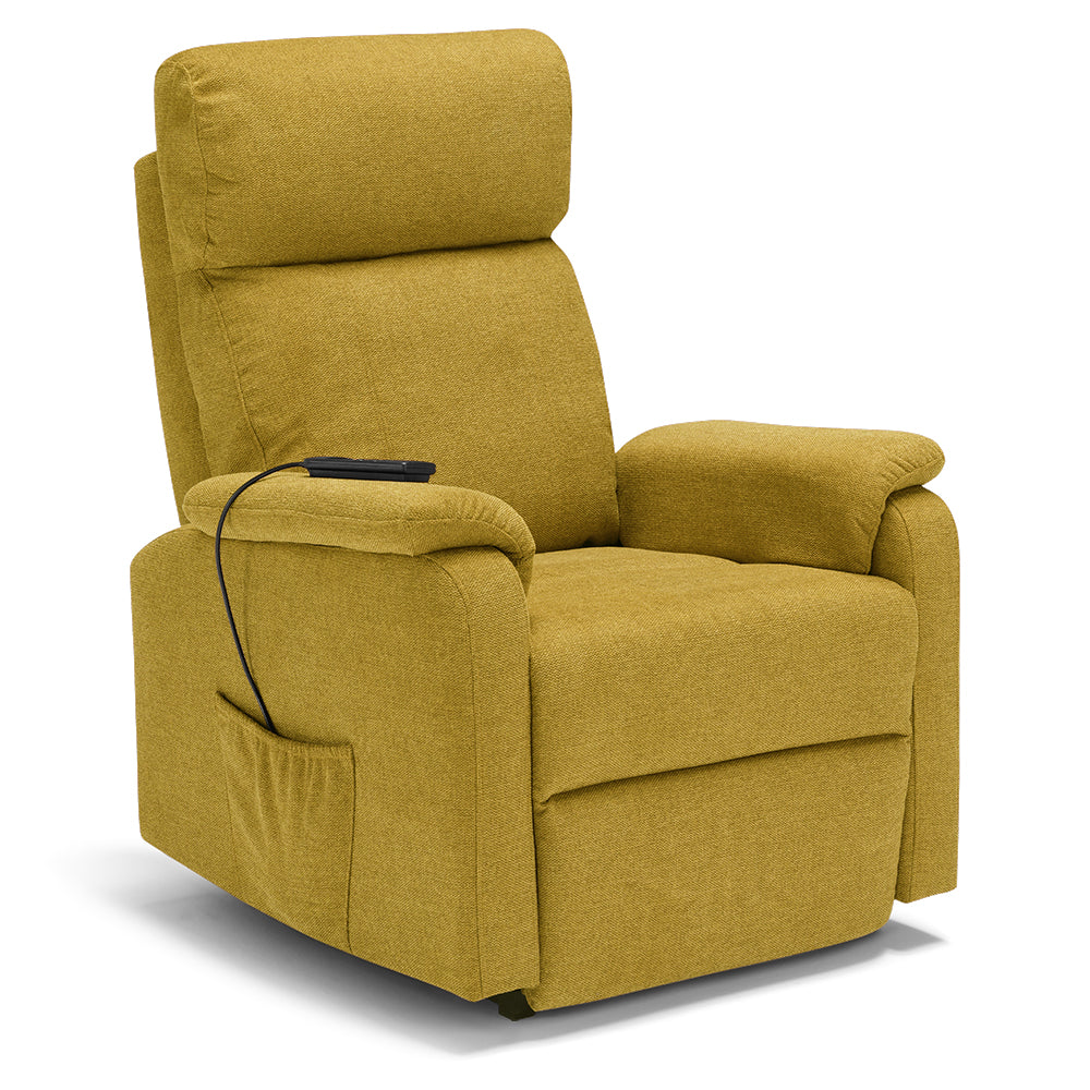 Poltrona relax elettrica Denver per anziani, 2 motori, 2 ruote, reclinazione e alzapersona, sponde estraibili, doppia pediera estensibile, colore Senape