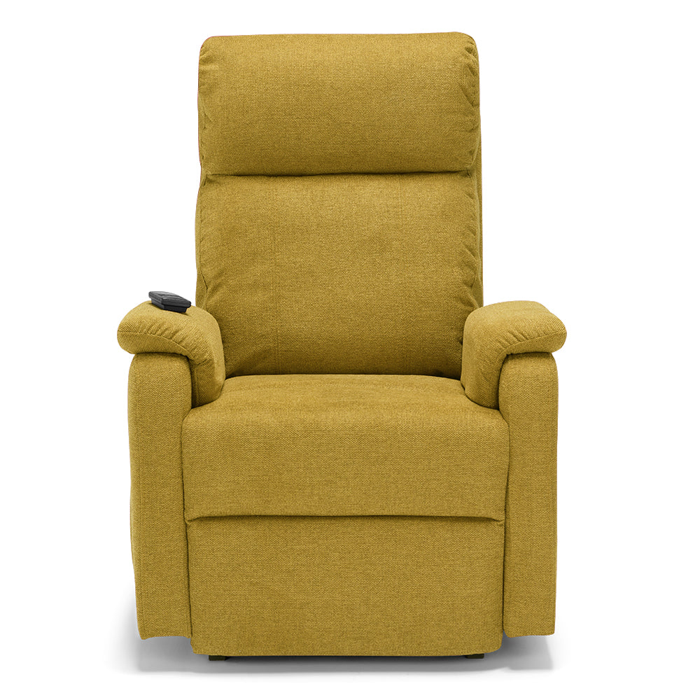 Poltrona relax elettrica Denver per anziani, 2 motori, 2 ruote, reclinazione e alzapersona, sponde estraibili, doppia pediera estensibile, colore Senape