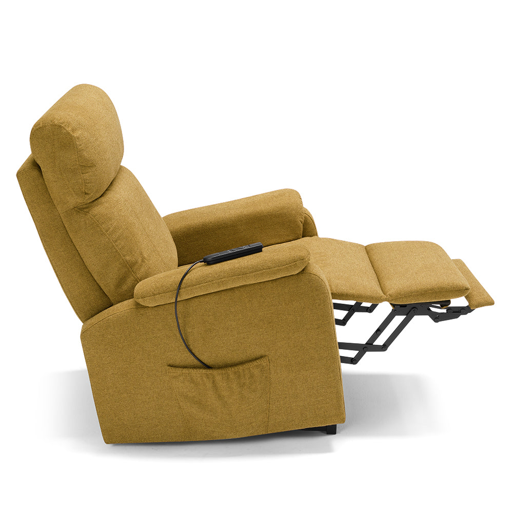 Poltrona relax elettrica Denver per anziani, 2 motori, 2 ruote, reclinazione e alzapersona, sponde estraibili, doppia pediera estensibile, colore Senape