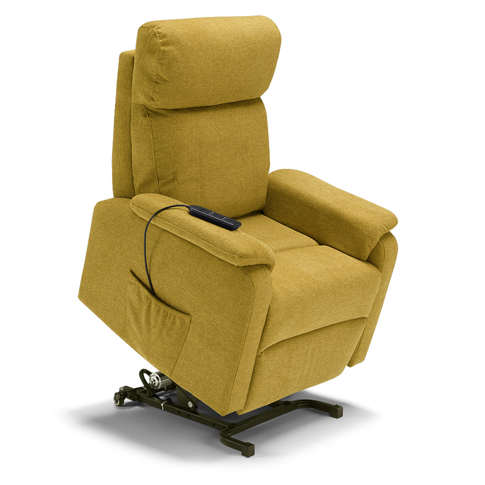 Poltrona relax elettrica Denver per anziani, 2 motori, 2 ruote, reclinazione e alzapersona, sponde estraibili, doppia pediera estensibile, colore Senape