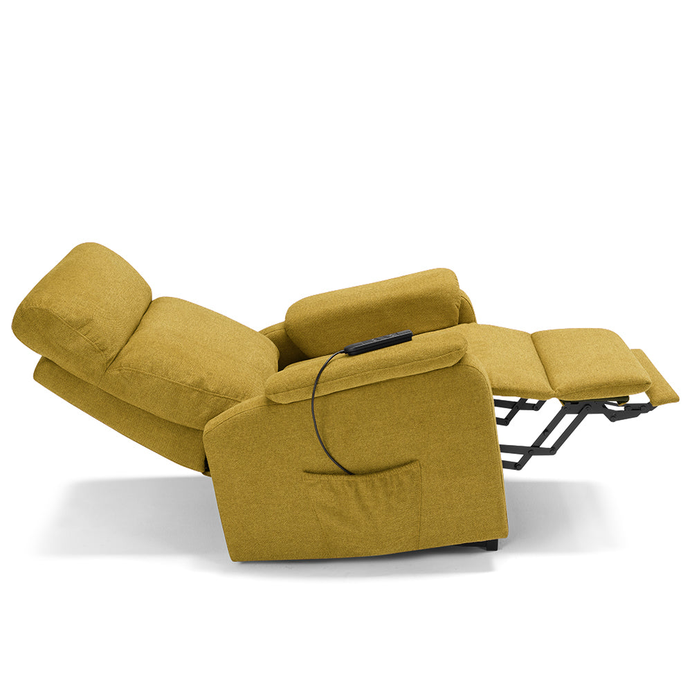 Poltrona relax elettrica Denver per anziani, 2 motori, 2 ruote, reclinazione e alzapersona, sponde estraibili, doppia pediera estensibile, colore Senape