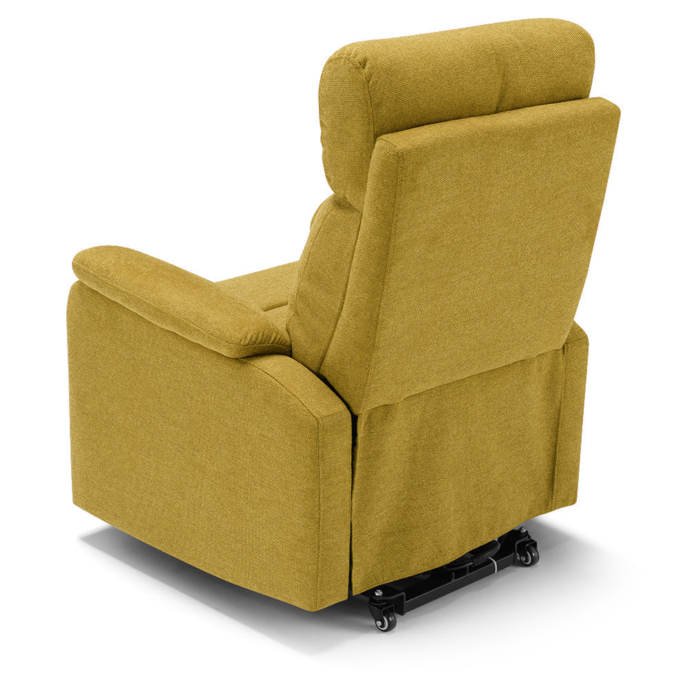 Poltrona relax elettrica Denver per anziani, 2 motori, 2 ruote, reclinazione e alzapersona, sponde estraibili, doppia pediera estensibile, colore Senape