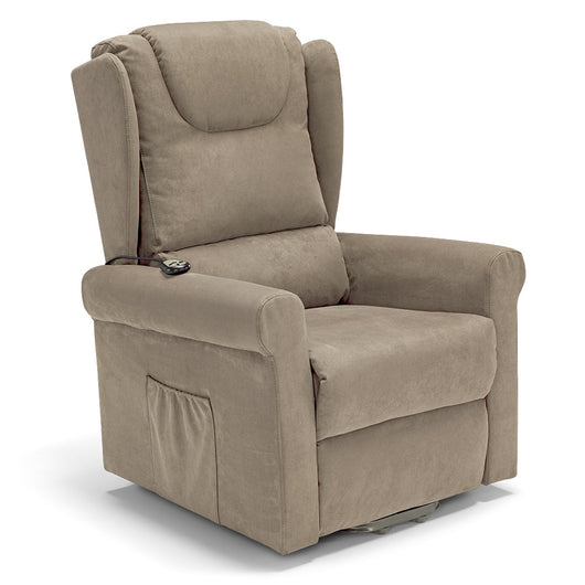 Poltrona relax elettrica Detroit per anziani, 2 motori, 4 ruote, reclinazione e alzapersona, cuscinetto lombare, idrorepellente, colore Camel