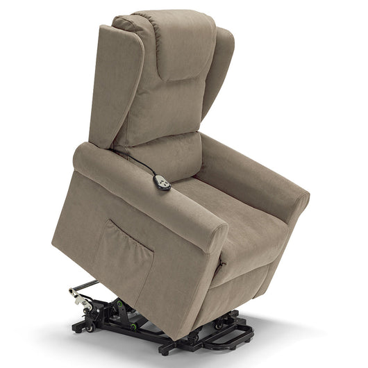 Poltrona relax elettrica Detroit per anziani, 2 motori, 4 ruote, reclinazione e alzapersona, cuscinetto lombare, idrorepellente, colore Camel