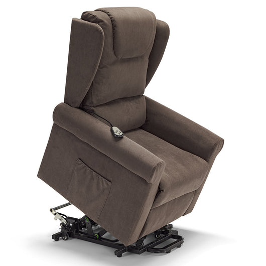 Poltrona relax elettrica Detroit per anziani, 2 motori, 4 ruote, reclinazione e alzapersona, cuscinetto lombare, idrorepellente, colore Fango