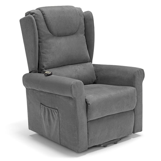 Poltrona relax elettrica Detroit per anziani, 2 motori, 4 ruote, reclinazione e alzapersona, cuscinetto lombare, idrorepellente, colore Grigio