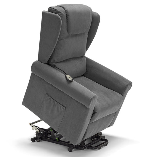 Poltrona relax elettrica Detroit per anziani, 2 motori, 4 ruote, Kit Batteria, reclinazione e alzapersona, cuscinetto lombare, idrorepellente, colore Grigio