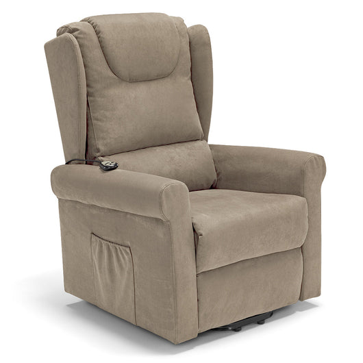 Poltrona relax elettrica Detroit per anziani, 2 motori, 2 ruote, reclinazione e alzapersona, cuscinetto lombare, idrorepellente, colore Camel