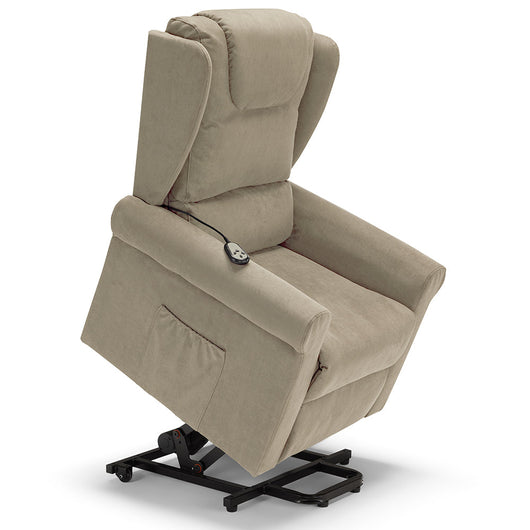 Poltrona relax elettrica Detroit per anziani, 2 motori, 2 ruote, reclinazione e alzapersona, cuscinetto lombare, idrorepellente, colore Camel