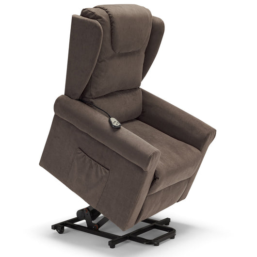 Poltrona relax elettrica Detroit per anziani, 2 motori, 2 ruote, Kit Batteria, reclinazione e alzapersona, cuscinetto lombare, idrorepellente, colore Fango