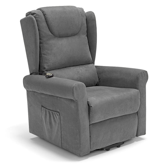 Poltrona relax elettrica Detroit per anziani, 2 motori, 2 ruote, reclinazione e alzapersona, cuscinetto lombare, idrorepellente, colore Grigio