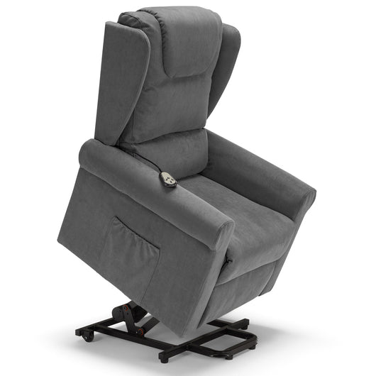 Poltrona relax elettrica Detroit per anziani, 2 motori, 2 ruote, reclinazione e alzapersona, cuscinetto lombare, idrorepellente, colore Grigio