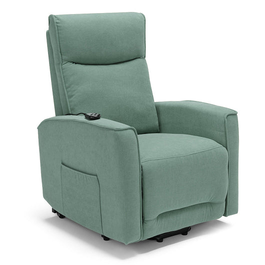 Poltrona relax elettrica LONDRA per anziani, 2 motori, 2 ruote posteriori, Kit Batteria, sistema reclinazione e alzapersona, tessuto idrorepellente, colore Salvia