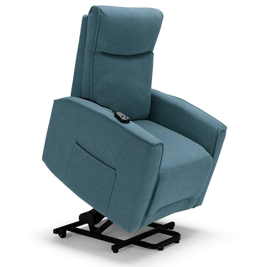 Poltrona relax elettrica LONDRA per anziani, 2 motori, 2 ruote posteriori, Kit Batteria, sistema reclinazione e alzapersona, tessuto idrorepellente, colore Petrolio