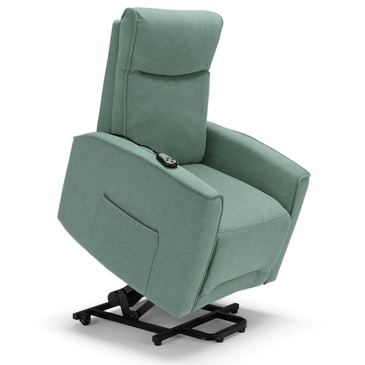 Poltrona relax elettrica LONDRA per anziani, 2 motori, 2 ruote posteriori, sistema reclinazione e alzapersona, tessuto idrorepellente , colore Salvia