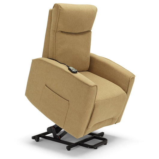 Poltrona relax elettrica LONDRA per anziani, 2 motori, 2 ruote posteriori, sistema reclinazione e alzapersona, tessuto idrorepellente , colore Senape