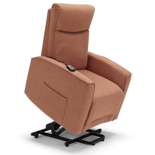 Poltrona relax elettrica LONDRA per anziani, 2 motori, 2 ruote posteriori, sistema reclinazione e alzapersona, tessuto idrorepellente , colore Terra