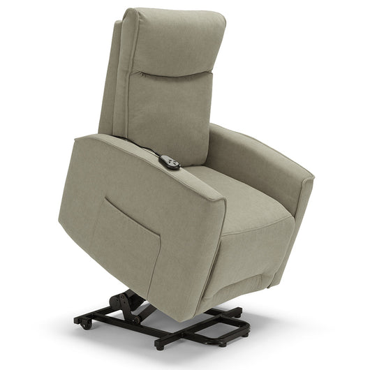 Poltrona relax elettrica LONDRA per anziani, 2 motori, 2 ruote posteriori, Kit Batteria, sistema reclinazione e alzapersona, tessuto idrorepellente, colore Tortora