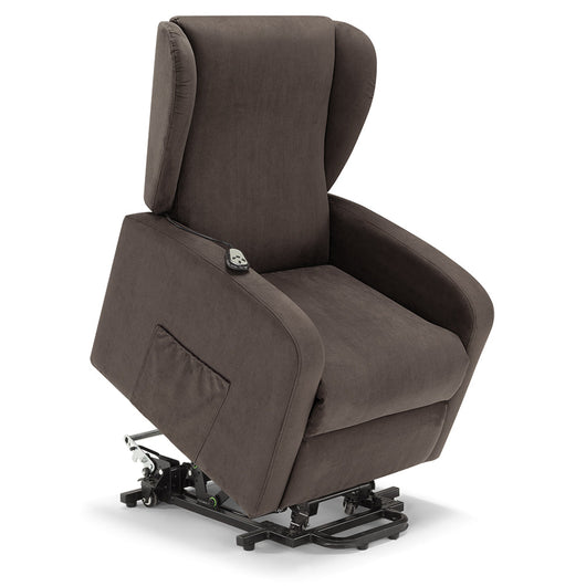 Poltrona relax elettrica NEW ORLEANS per anziani e disabili con 2 motori per schienale e pediera, 4 ruote, Kit Batteria, reclinazione e alzapersona, tessuto idrorepellente, colore Fango