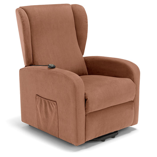 Poltrona relax elettrica NEW ORLEANS per anziani e disabili con 2 motori per schienale e pediera, 4 ruote, Kit Batteria, reclinazione e alzapersona, tessuto idrorepellente, colore Terra