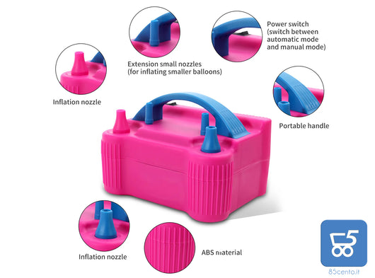 Pompa gonfiatore d'aria palloncini elettrica portatile 600 W doppio ugello spina italiana