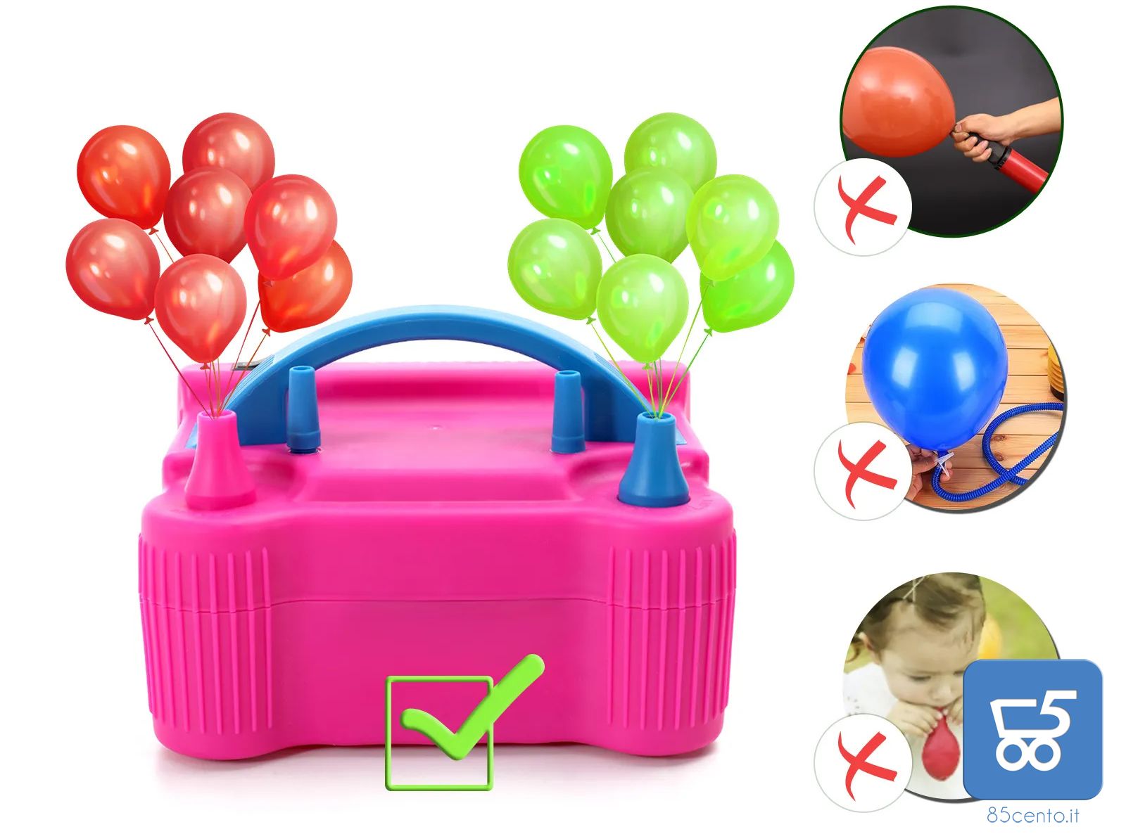 Pompa gonfiatore d'aria palloncini elettrica portatile 600 W doppio ugello spina italiana