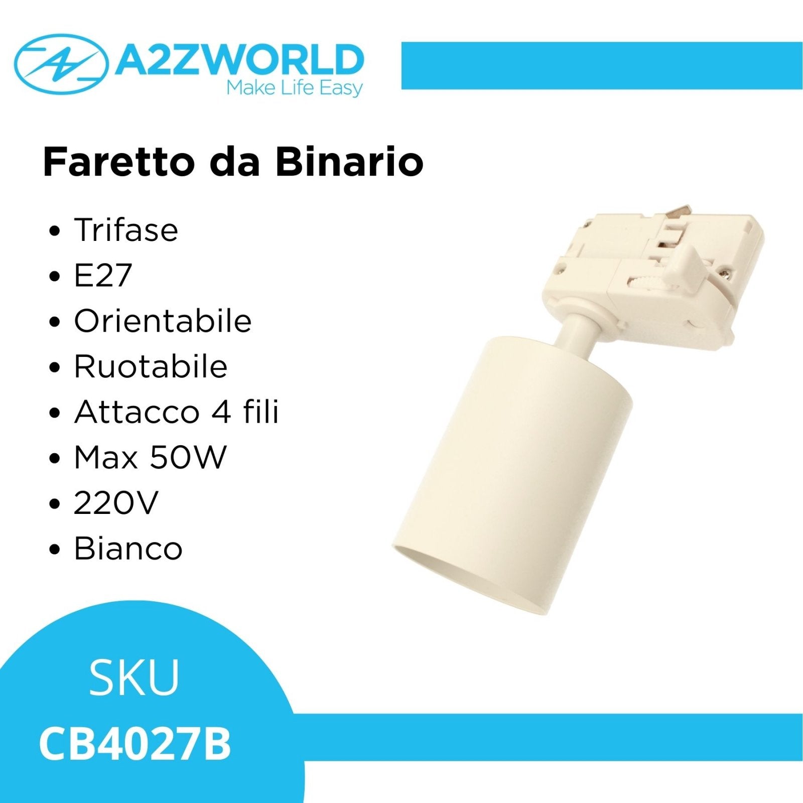 Porta Faretto da Binario Trifase, Attacco E27 orientabile e ruotabile, attacco 4 fili, compatibile con 3 linee di accensione, Max 50W 220V, Bianco