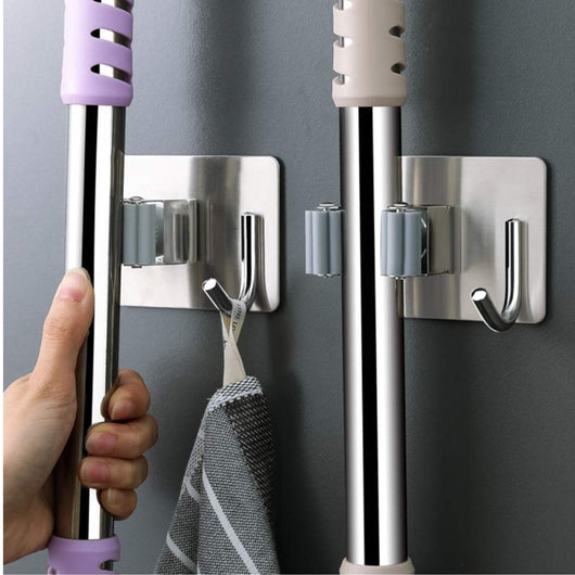 Porta Scopa Parete 2 Pezzi Con Gancio Autoadesivo In Acciaio Appendino 2pz 72602