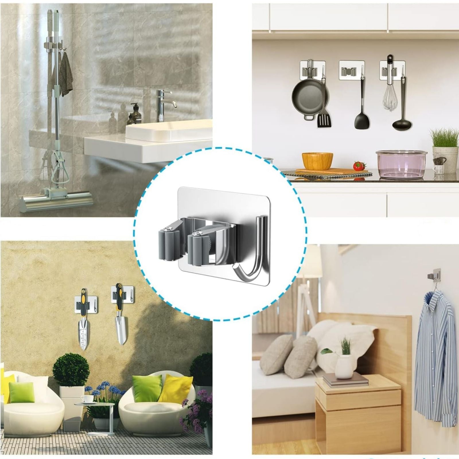 Porta Scopa Parete 2 Pezzi Con Gancio Autoadesivo In Acciaio Appendino 2pz 72602