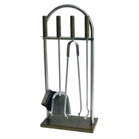 Porta attrezzi camino acciaio inox manico e base legno 4 accessori h. 62  l. 32 x 16 cm.  Made in Italy
